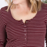 IN STOCK Striped Henley Long Sleeve - Burgundy FINAL SALE