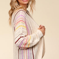 Haptics Full Size Striped Crochet Open Front Cardigan