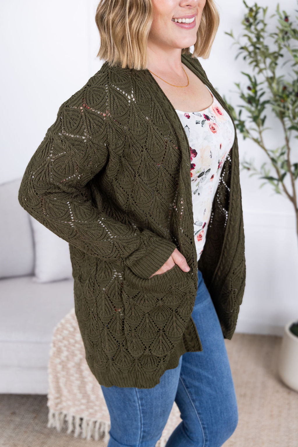 IN STOCK Open Knit Cardigan - Olive FINAL SALE