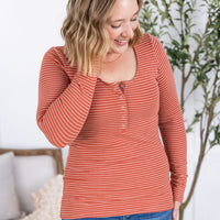 IN STOCK Striped Henley Long Sleeve - Terra Cotta FINAL SALE