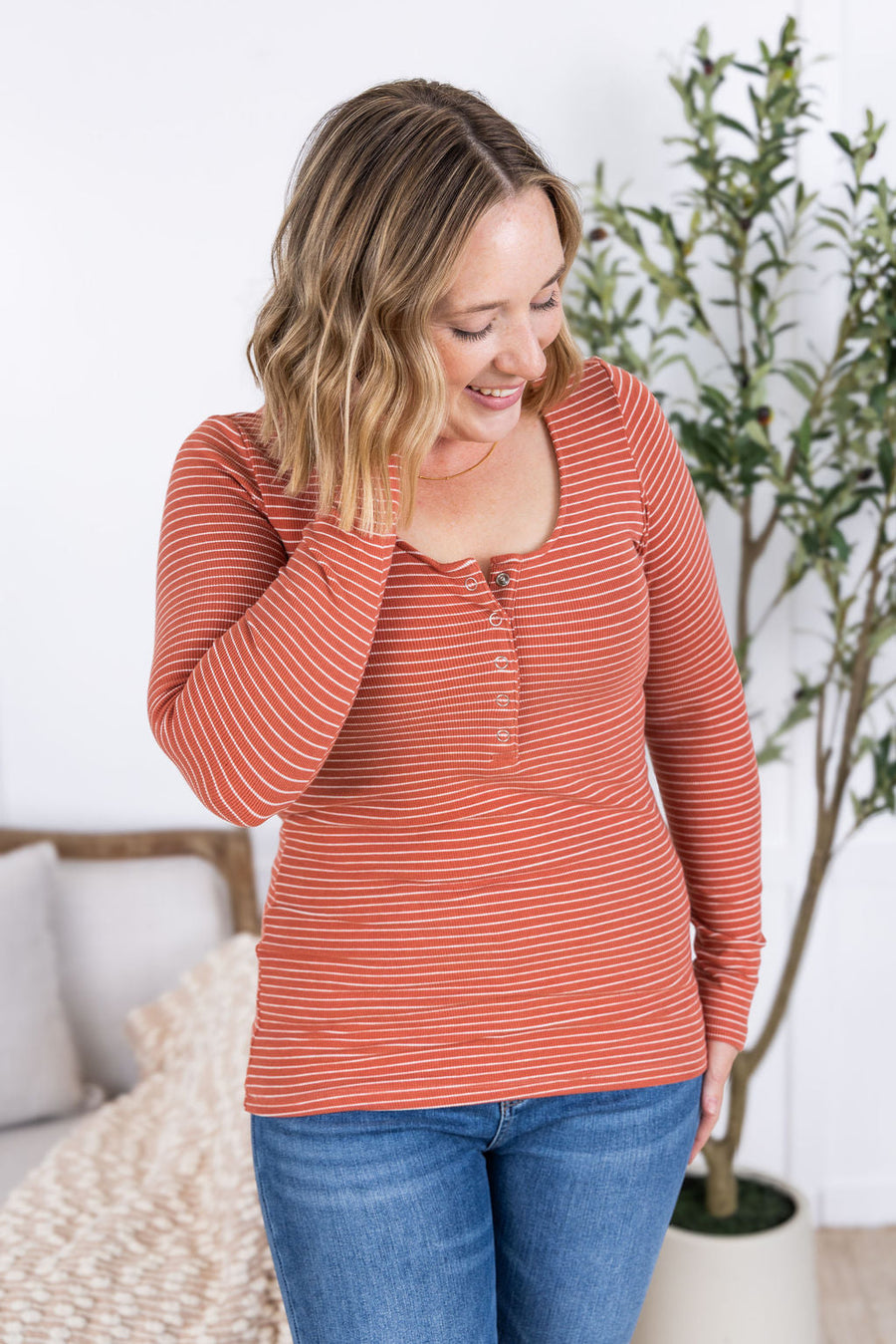 IN STOCK Striped Henley Long Sleeve - Terra Cotta FINAL SALE