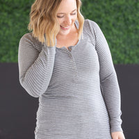 IN STOCK Striped Henley Long Sleeve - Charcoal