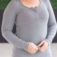 IN STOCK Striped Henley Long Sleeve - Charcoal
