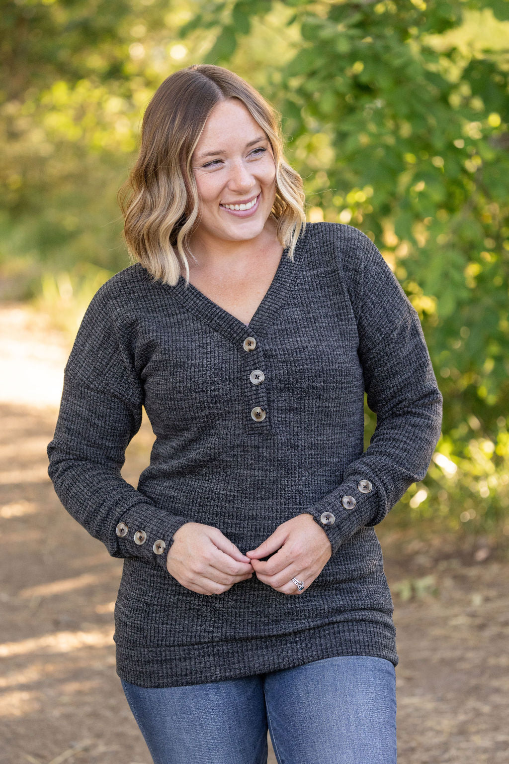 IN STOCK Brittney Button Sweater - Charcoal | Women&