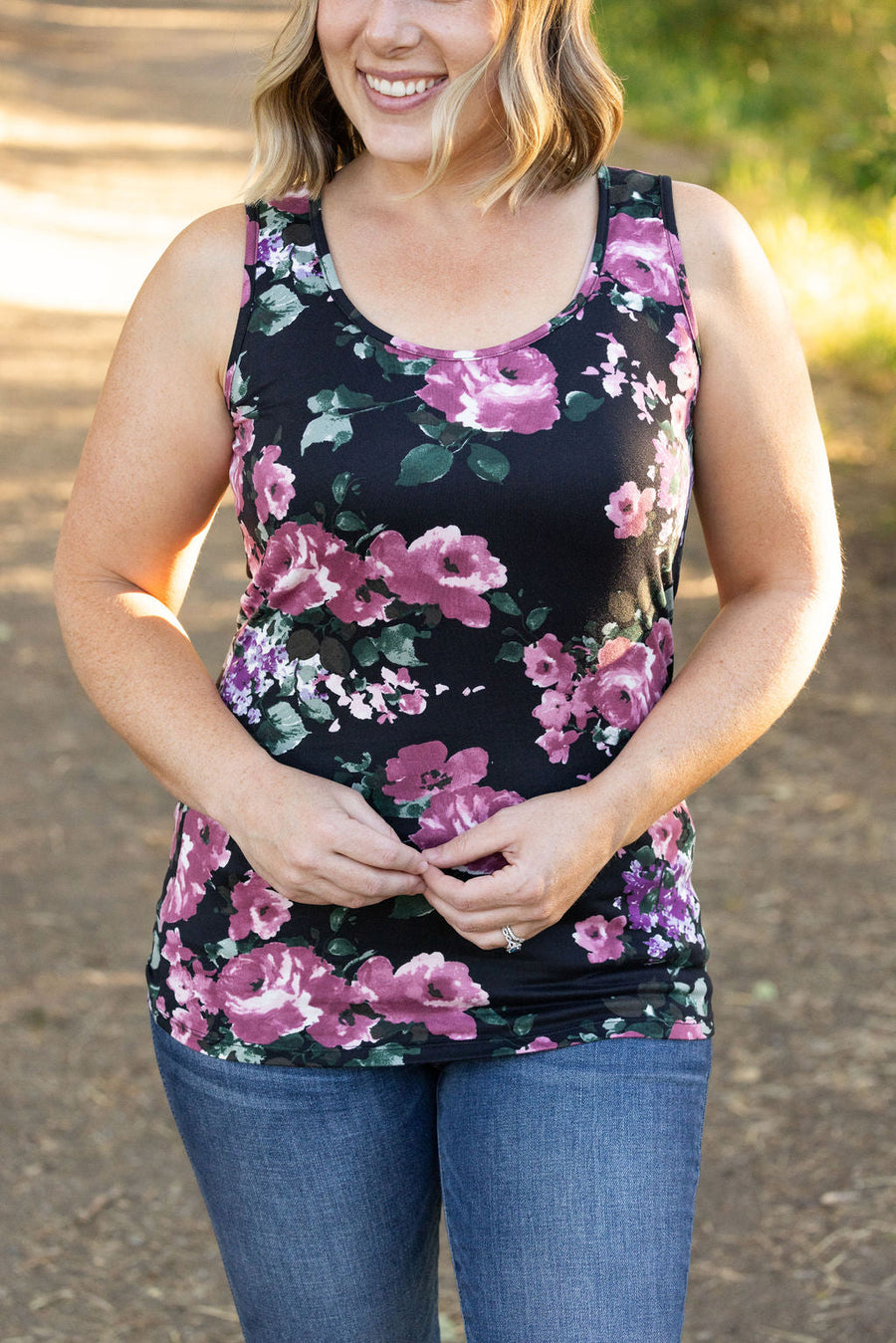 IN STOCK  Luxe Crew Tank - Black and Mauve Floral | Women's Tank Top