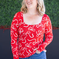 IN STOCK Alyssa Long Sleeve Top - Red and White Ribbons