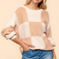 Haptics Full Size Checkered Round Neck Drop Shoulder Sweater