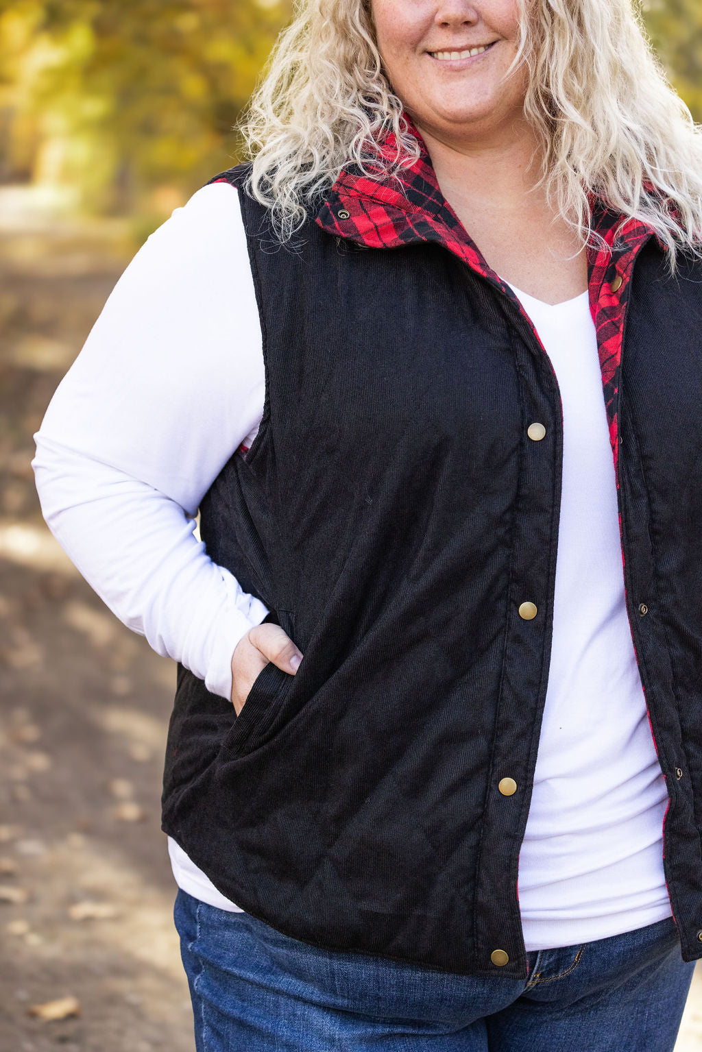 IN STOCK Reversible Vest - Corded Black and Plaid