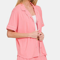 Zenana Button Down Short Sleeve Top and Shorts Lounge Set