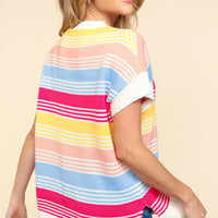 Haptics Striped Side Slit Short Sleeve Knit Top