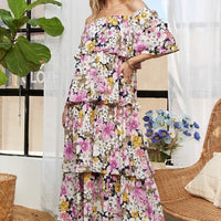 ADORA Layered Floral Off-Shoulder Short Sleeve Maxi Dress