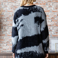 First Love Full Size Abstract Pattern Contrast Feather Yarn Sweater