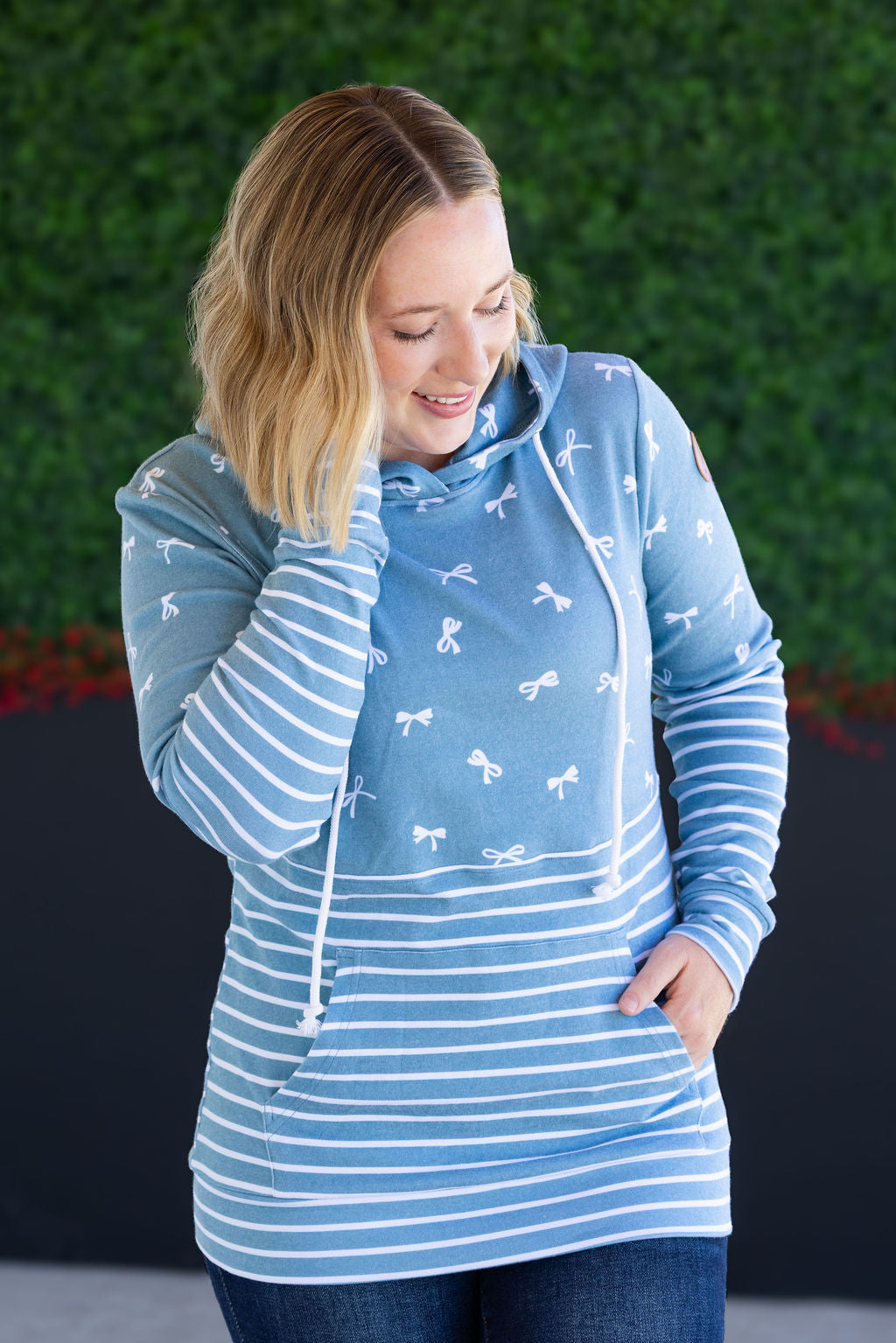 IN STOCK Hailey Pullover Hoodie - Teal Ribbons and Stripes