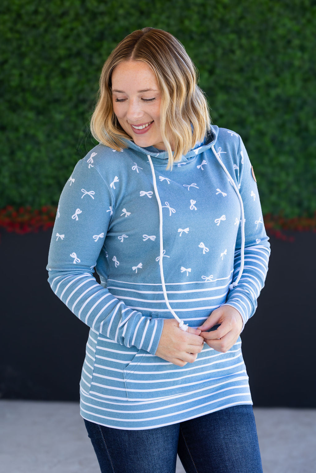 IN STOCK Hailey Pullover Hoodie - Teal Ribbons and Stripes