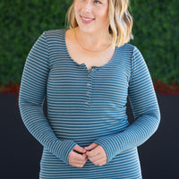 IN STOCK Striped Henley Long Sleeve - Dusty Teal