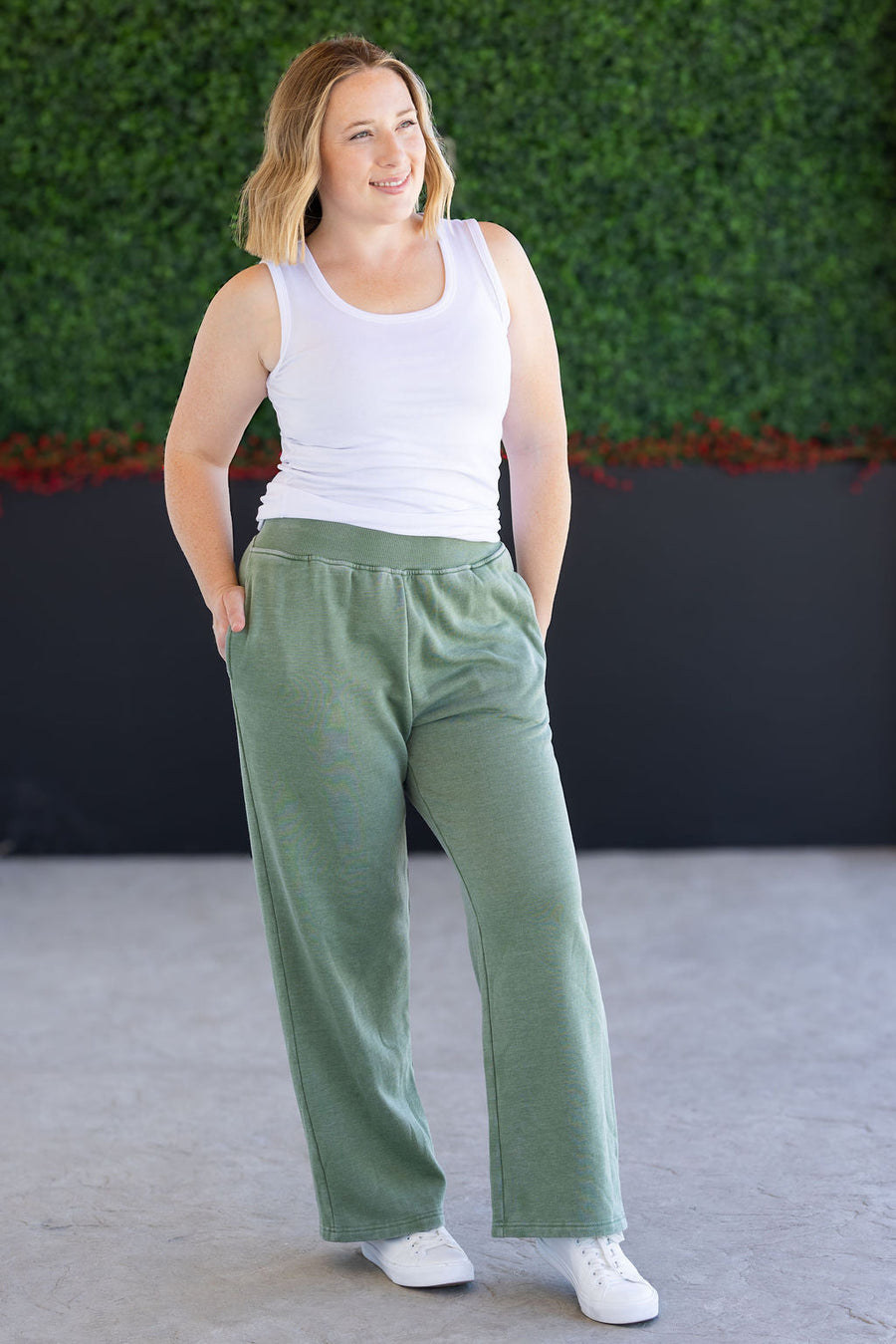 IN STOCK Wide Leg Vintage Wash Bottoms - Olive FINAL SALE