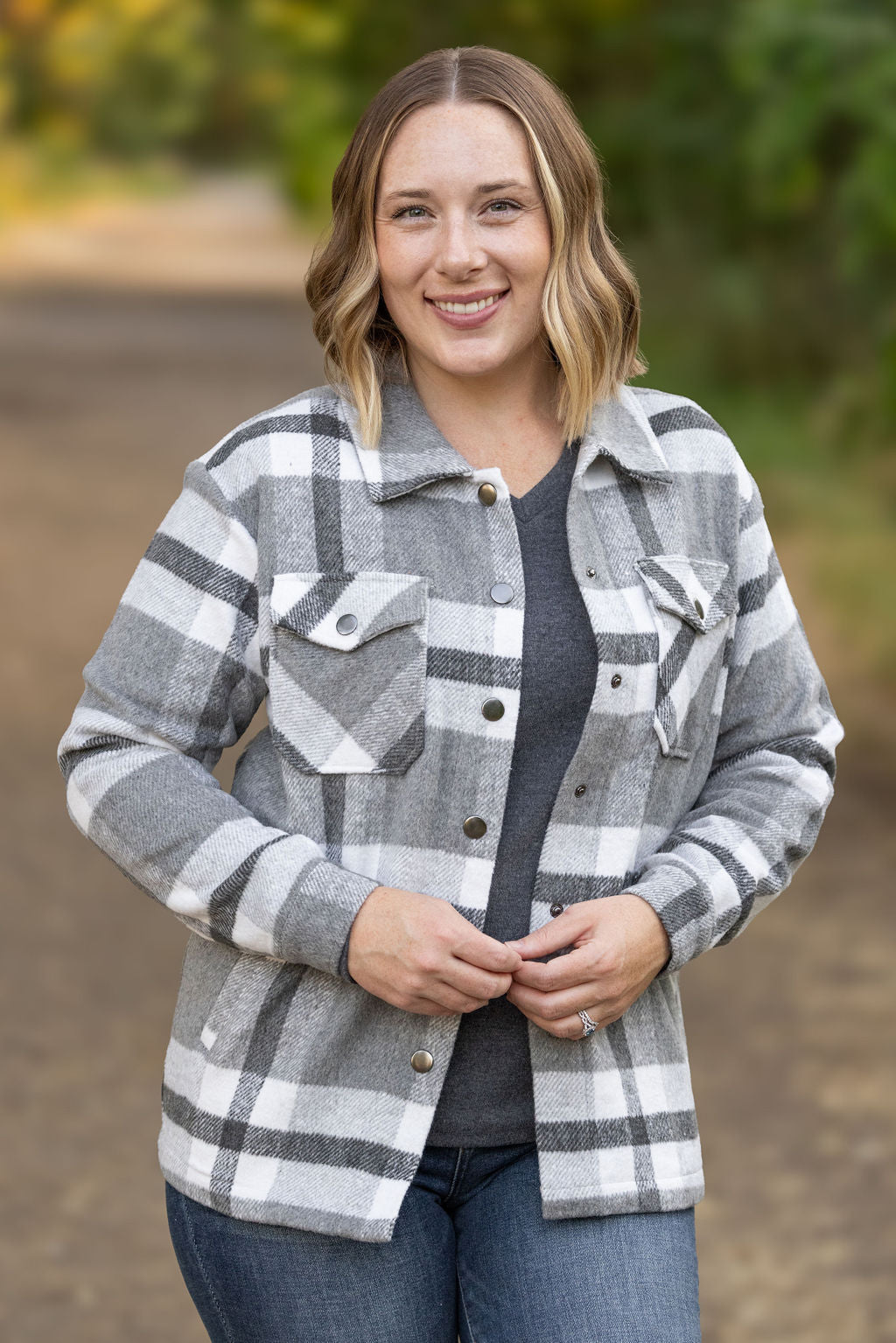 IN STOCK Norah Plaid Shacket - Classic Grey and White | Women&