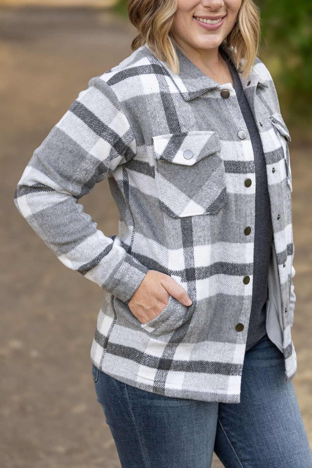 IN STOCK Norah Plaid Shacket - Classic Grey and White | Women&