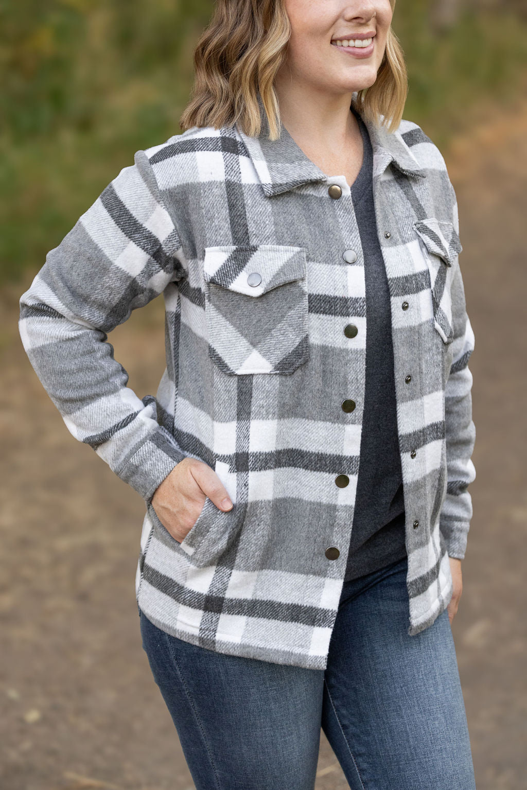 IN STOCK Norah Plaid Shacket - Classic Grey and White | Women&