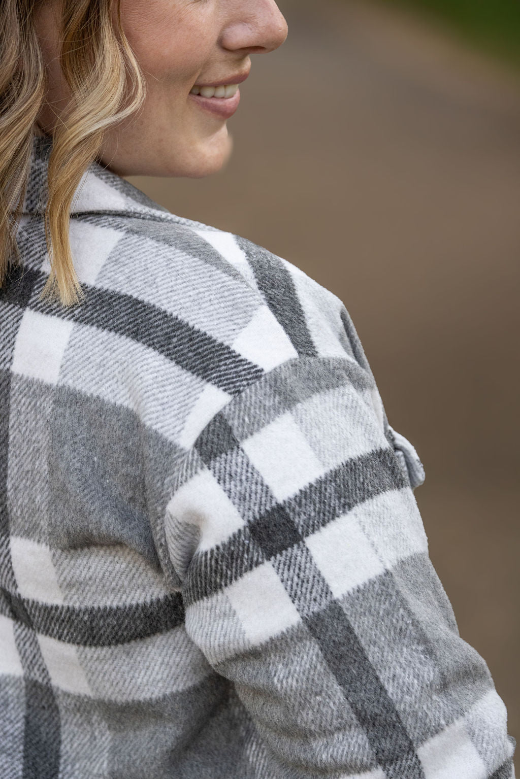 IN STOCK Norah Plaid Shacket - Classic Grey and White | Women&