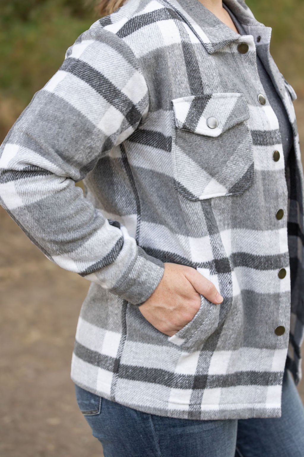 IN STOCK Norah Plaid Shacket - Classic Grey and White | Women&