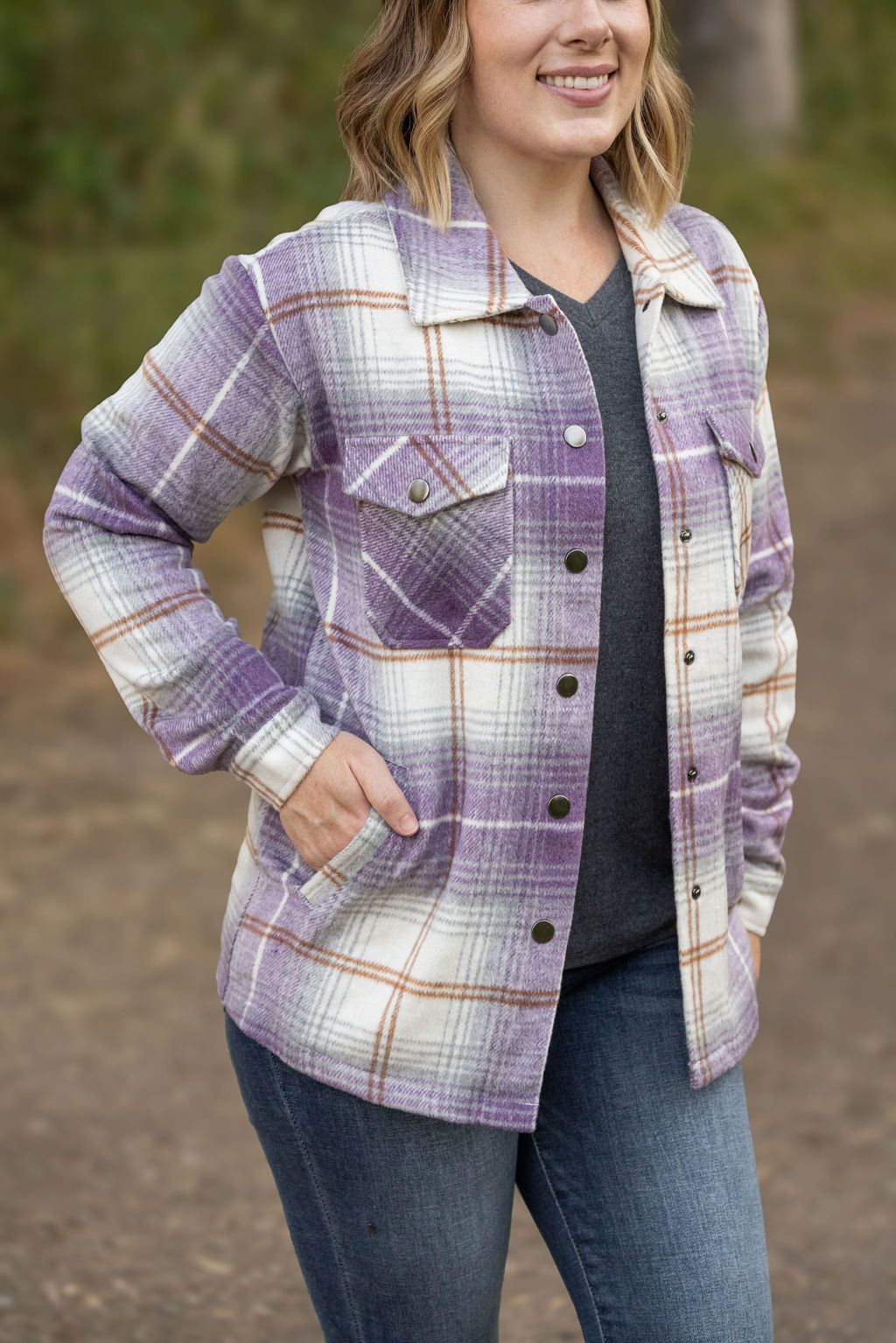 IN STOCK Norah Plaid Shacket - Purple and Gold FINAL SALE