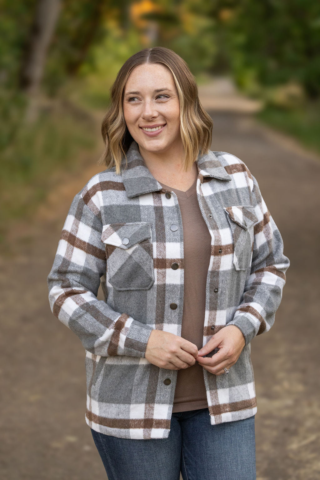 IN STOCK Norah Plaid Shacket - Grey and Tan | Women&