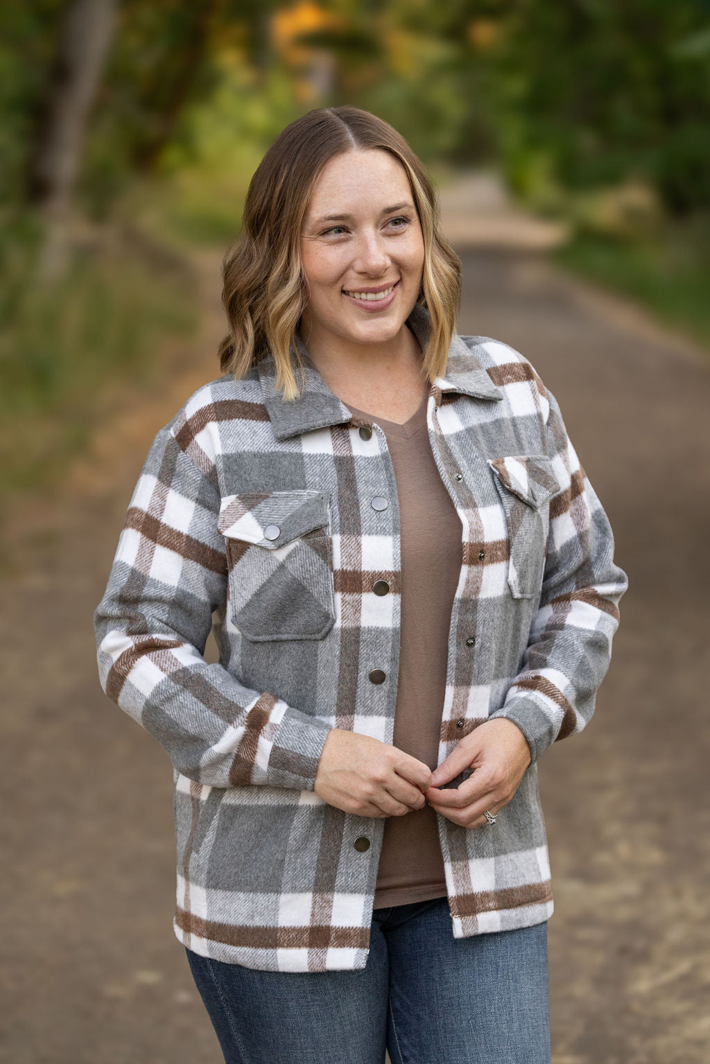 IN STOCK Norah Plaid Shacket - Grey and Tan | Women&