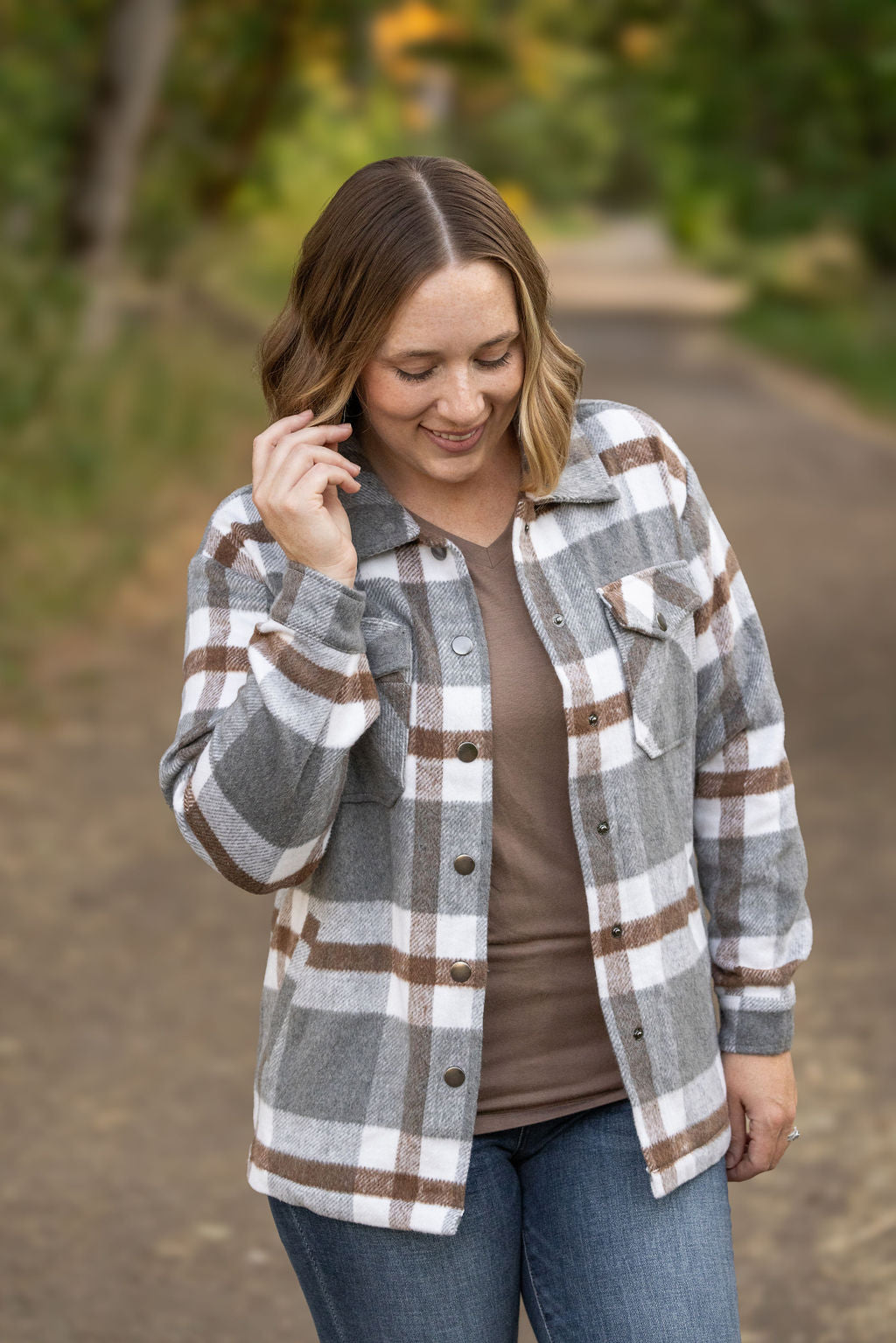 IN STOCK Norah Plaid Shacket - Grey and Tan | Women&