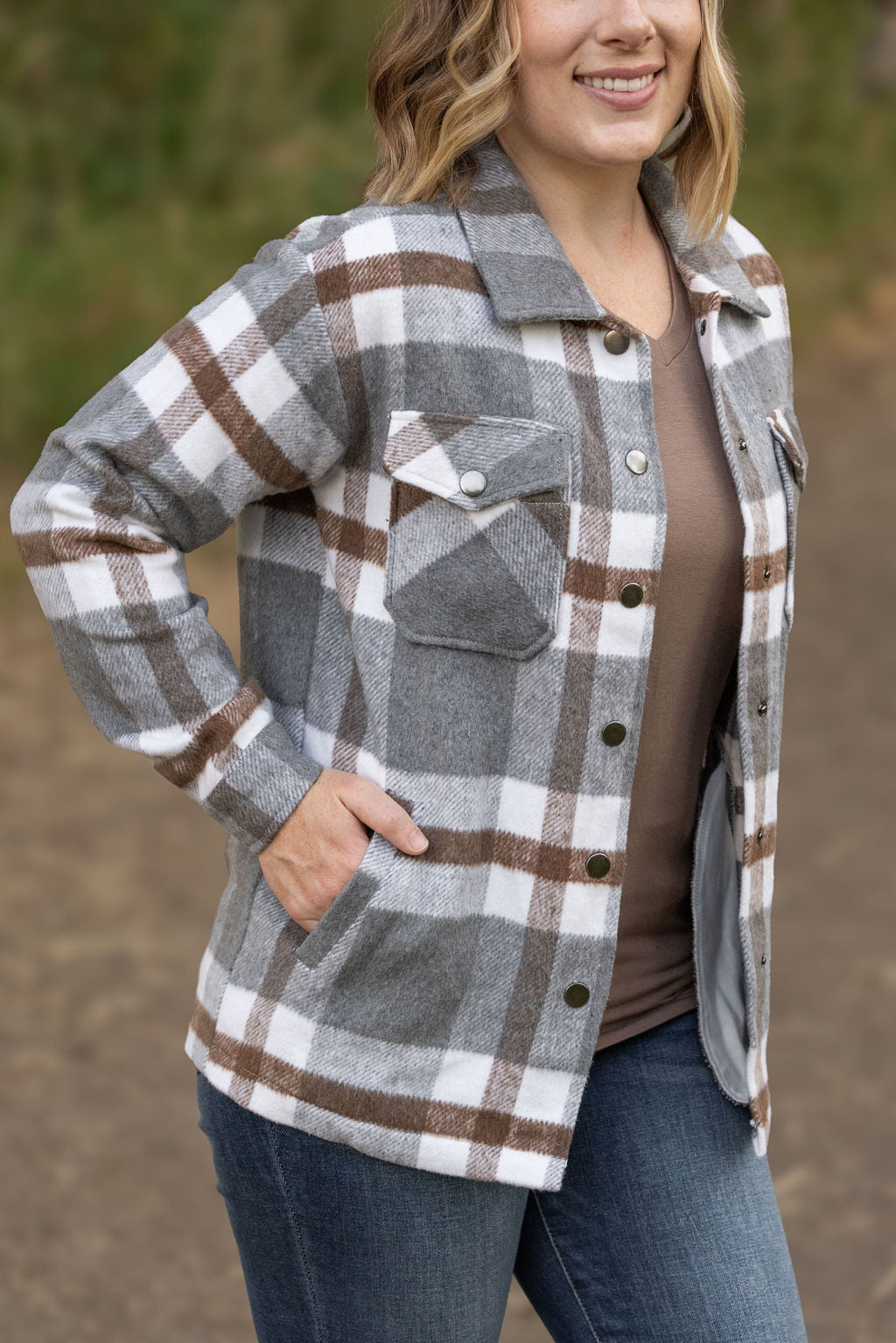 IN STOCK Norah Plaid Shacket - Grey and Tan | Women&