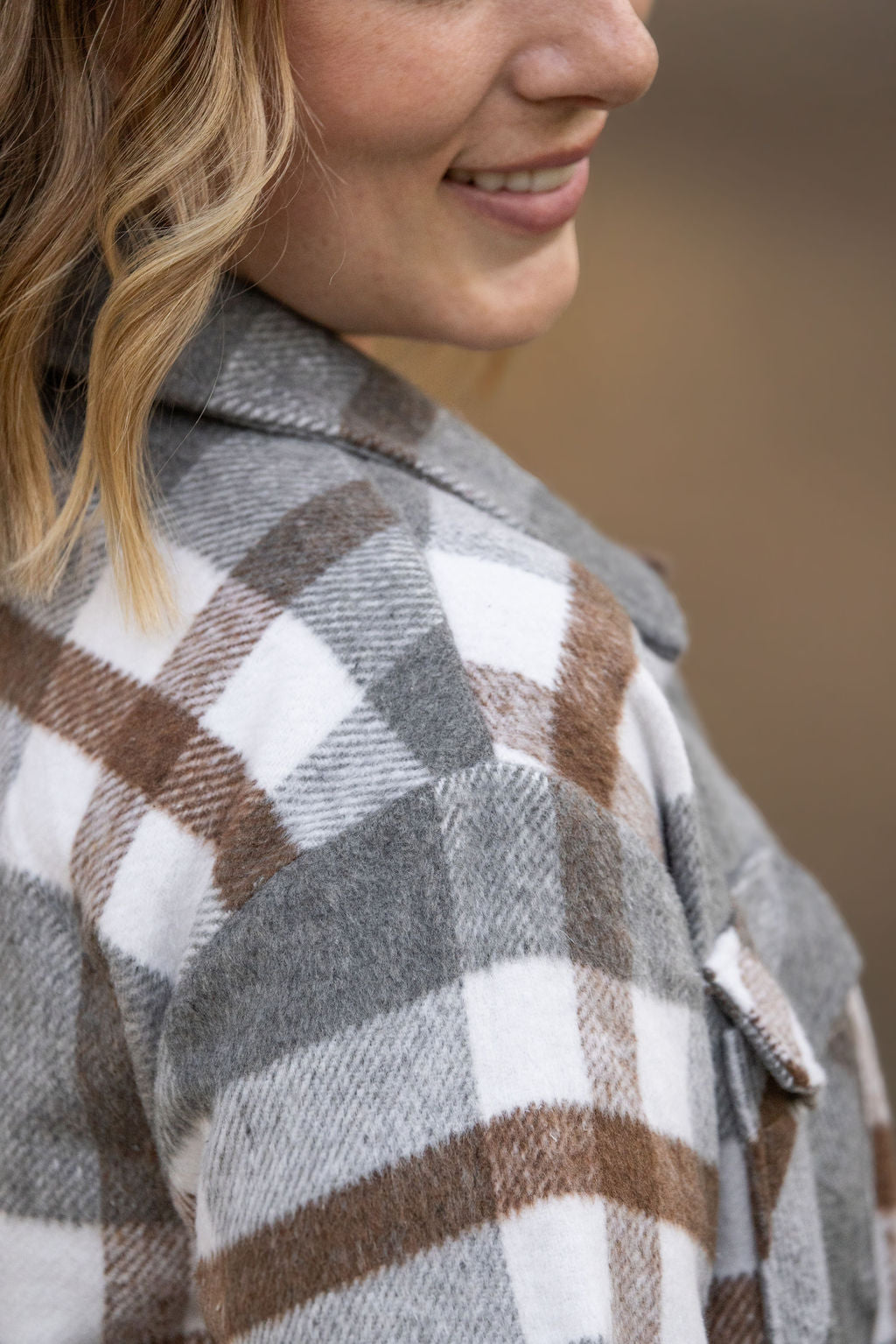 IN STOCK Norah Plaid Shacket - Grey and Tan | Women&