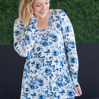 IN STOCK Long Sleeve Sarah Ruffle Top - Sapphire Floral
