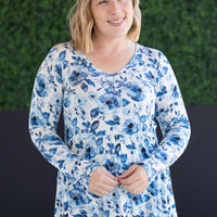 IN STOCK Long Sleeve Sarah Ruffle Top - Sapphire Floral