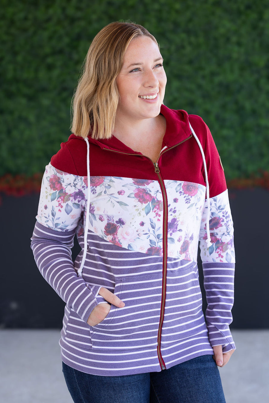 IN STOCK Colorblock Fullzip - Burgundy, Burgundy Bloom, and Plum Stripes FINAL SALE