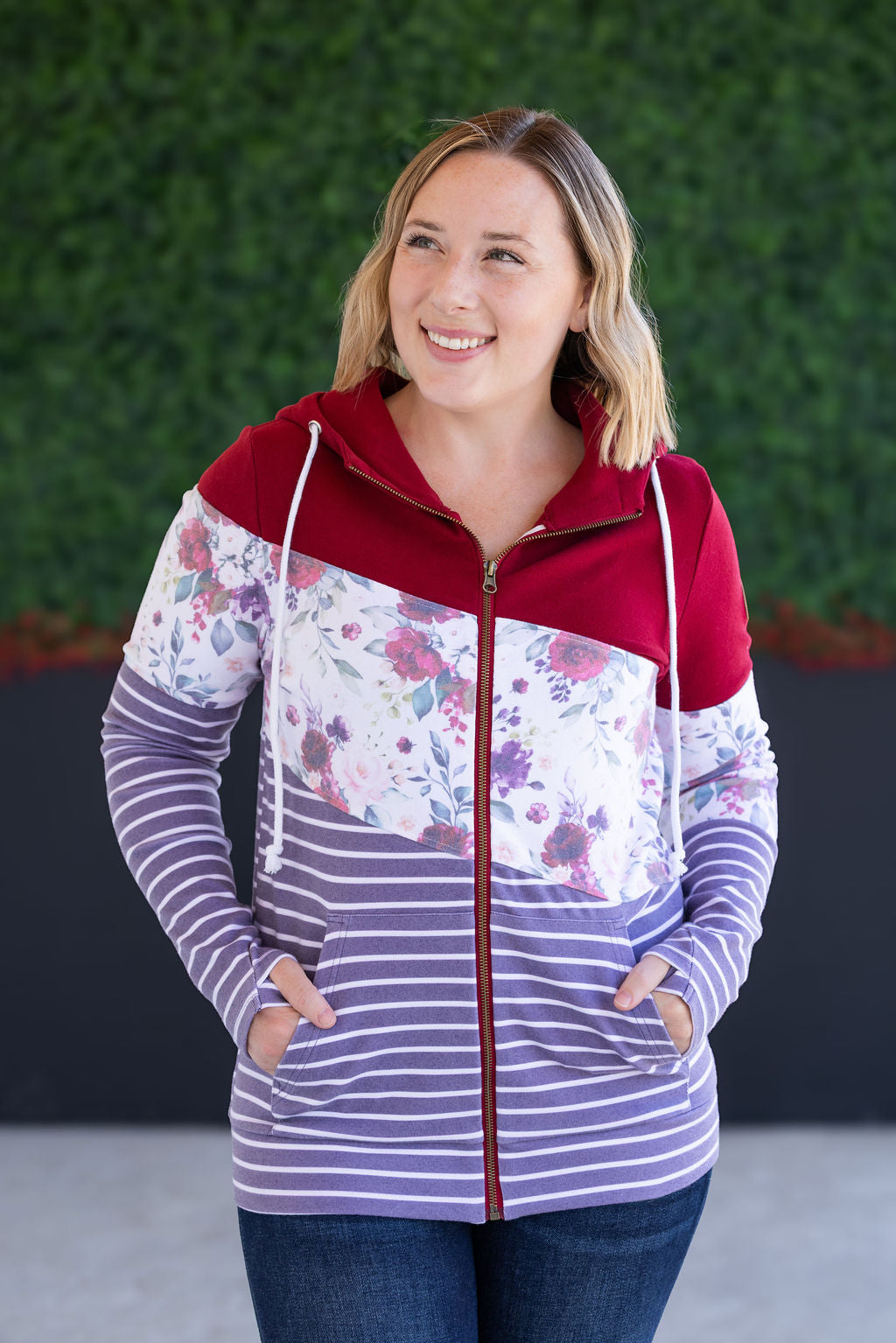 IN STOCK Colorblock Fullzip - Burgundy, Burgundy Bloom, and Plum Stripes FINAL SALE
