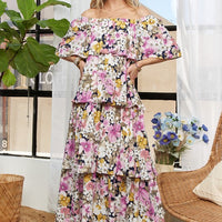 ADORA Layered Floral Off-Shoulder Short Sleeve Maxi Dress