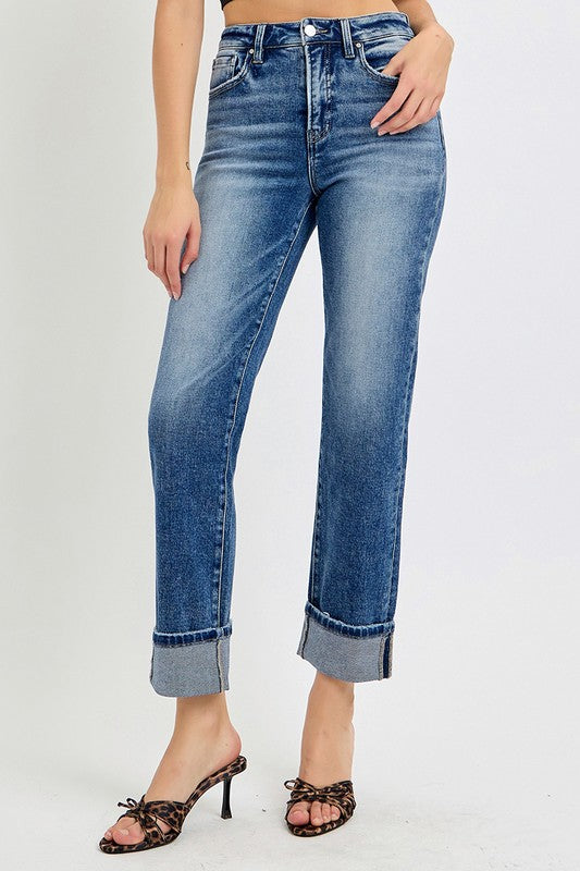 RISEN Full Size High Rise Crop Straight Roll Up Jeans