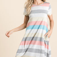 BOMBOM Striped Short Sleeve Dress with Pockets