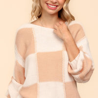 Haptics Full Size Checkered Round Neck Drop Shoulder Sweater