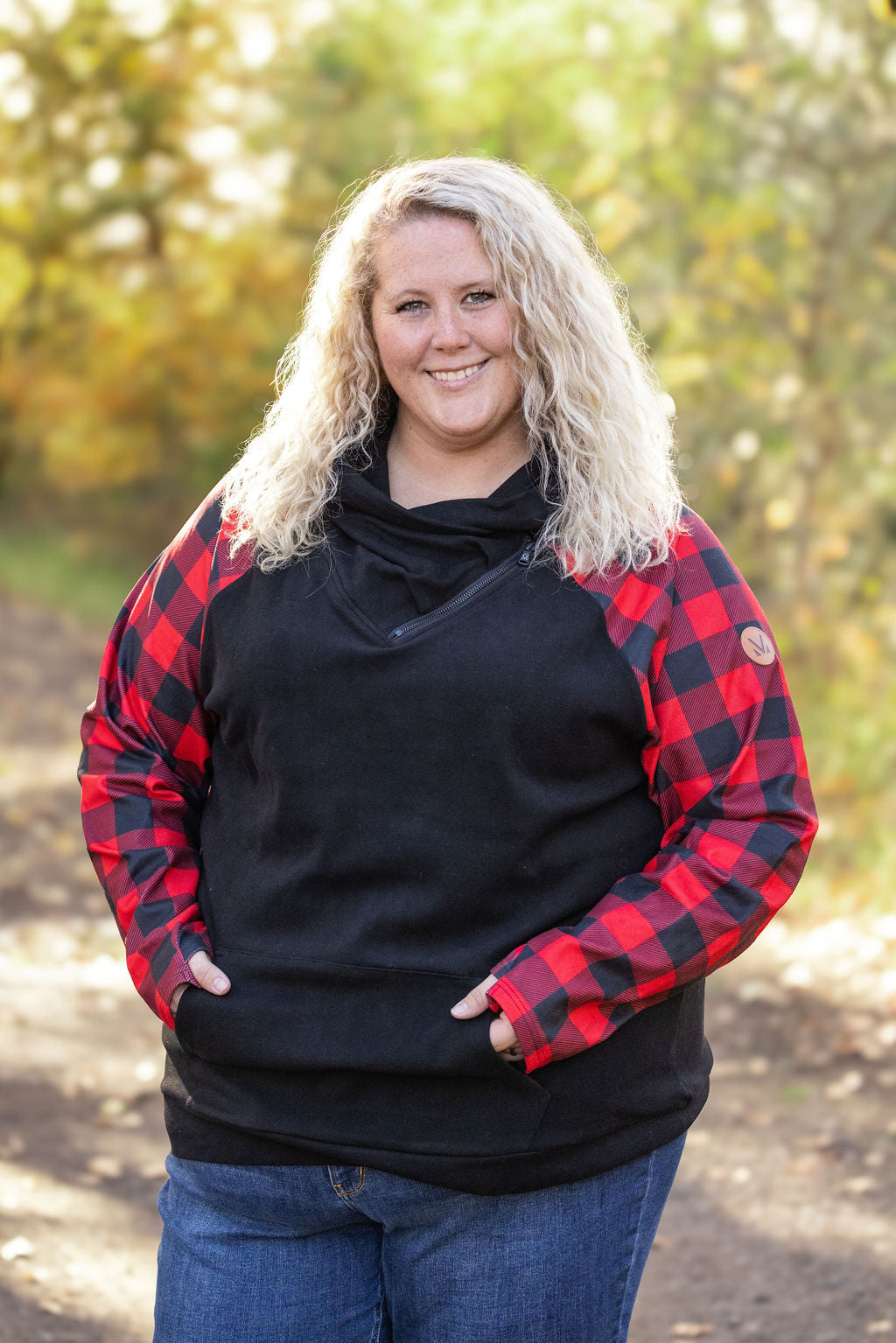 IN STOCK Zoey ZipCowl - Black and Buffalo Plaid