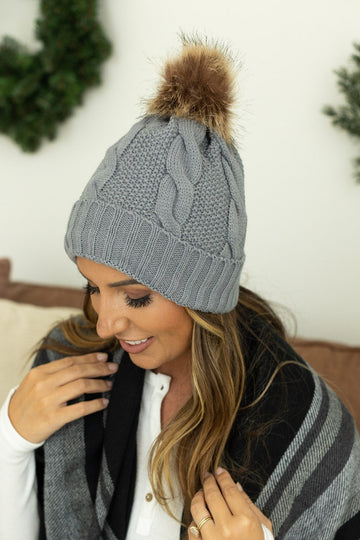 IN STOCK Carly Cable Knit Beanie - Grey