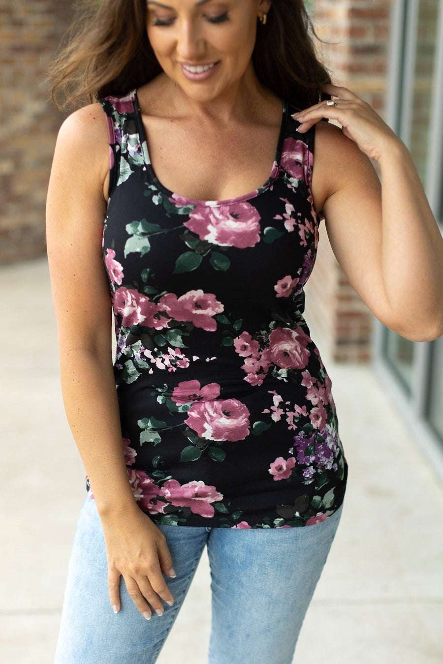 IN STOCK  Luxe Crew Tank - Black and Mauve Floral | Women's Tank Top