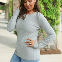 IN STOCK Brielle Henley Ribbed Long Sleeve - Light Grey