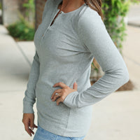 IN STOCK Brielle Henley Ribbed Long Sleeve - Light Grey