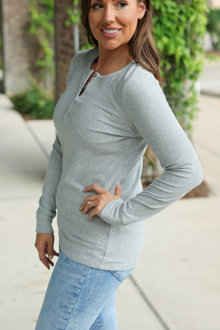 IN STOCK Brielle Henley Ribbed Long Sleeve - Light Grey