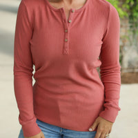 IN STOCK Brielle Henley Ribbed Long Sleeve - Terra Cotta