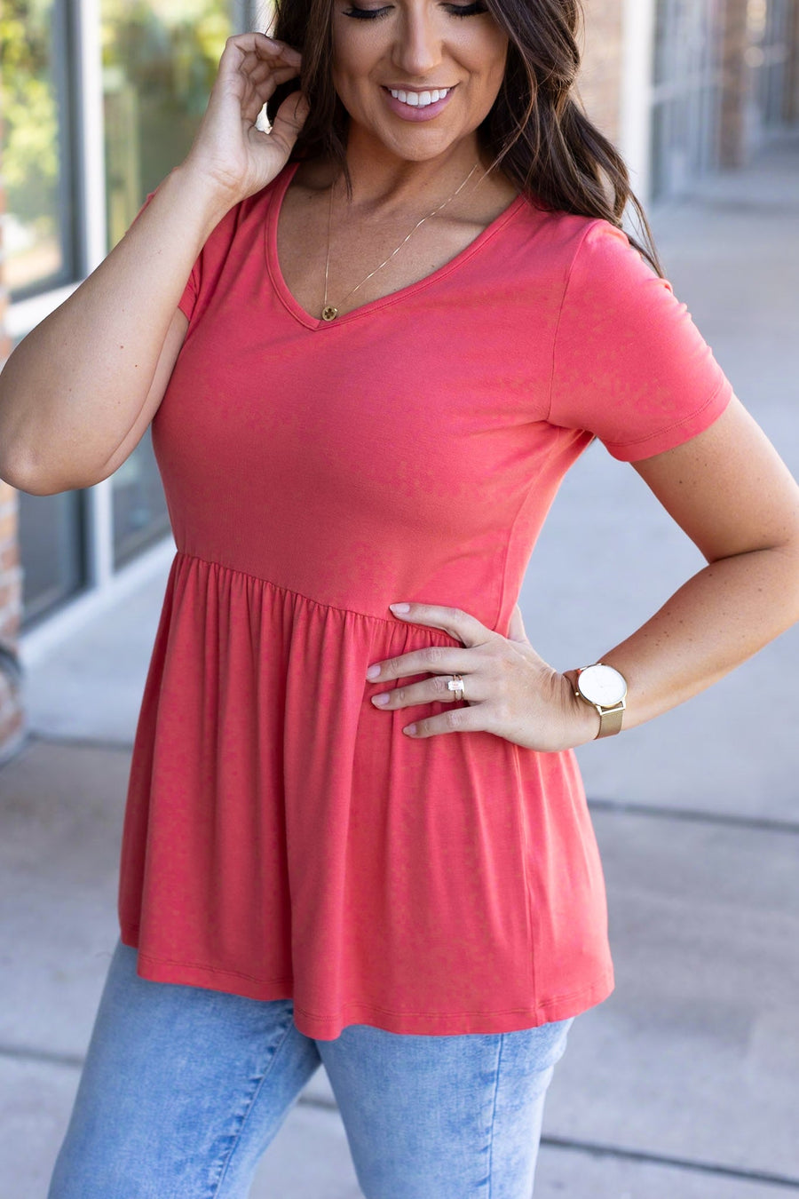 IN STOCK Sarah Ruffle Short Sleeve - Deep Coral | Women's Top