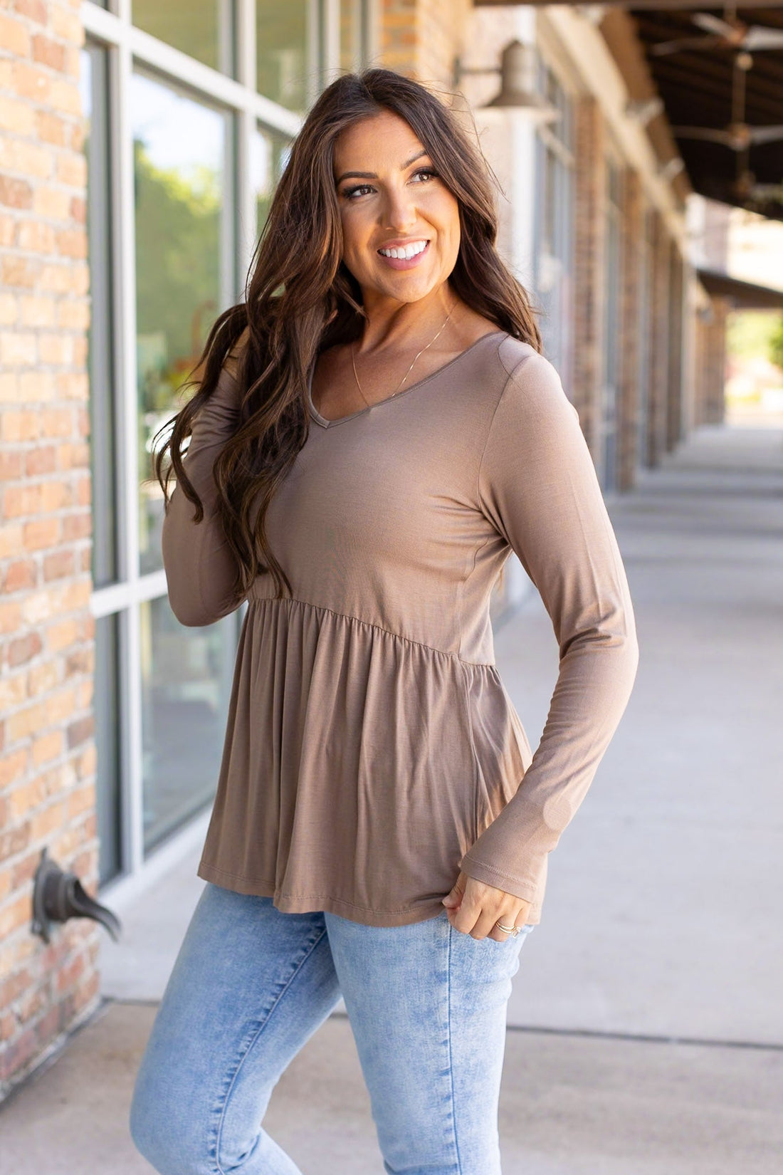 IN STOCK Long Sleeve Sarah Ruffle - Mocha | Women&