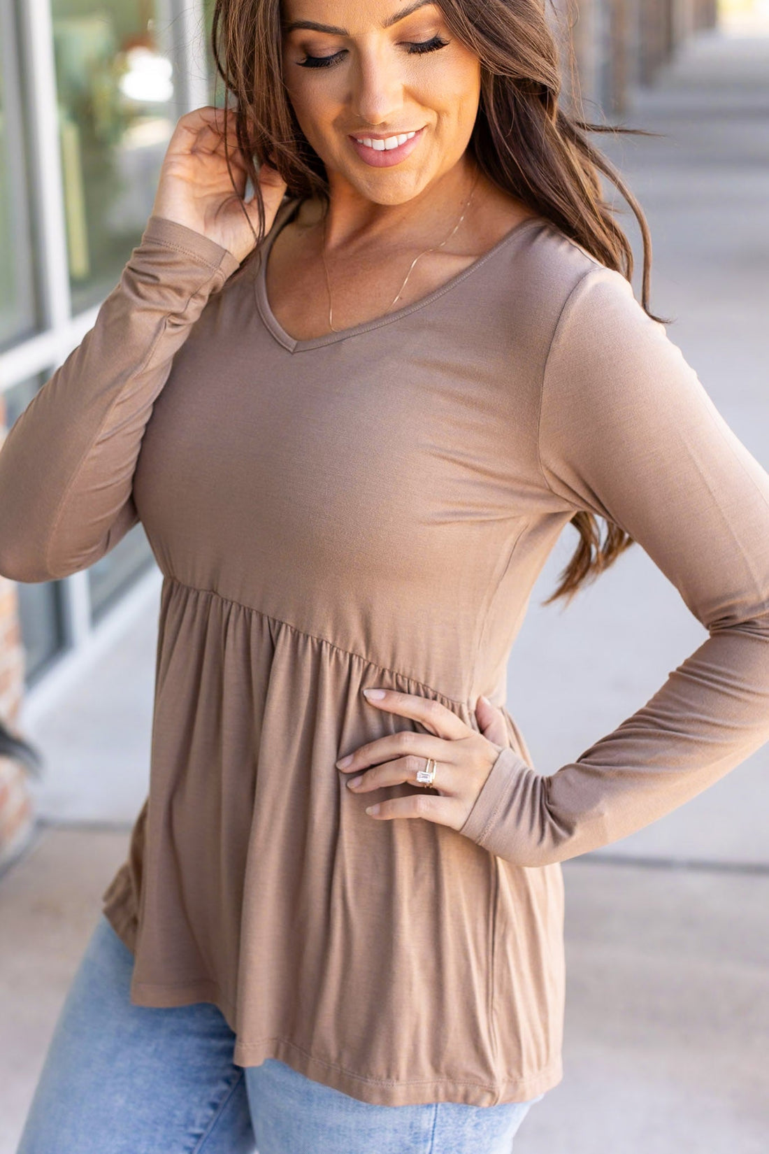 IN STOCK Long Sleeve Sarah Ruffle - Mocha | Women&