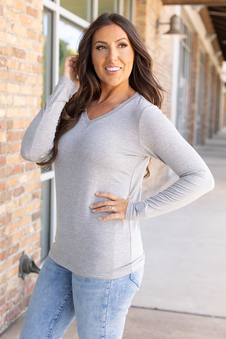 IN STOCK Larissa Long Sleeve - Light Grey | Women's V-Neck Top